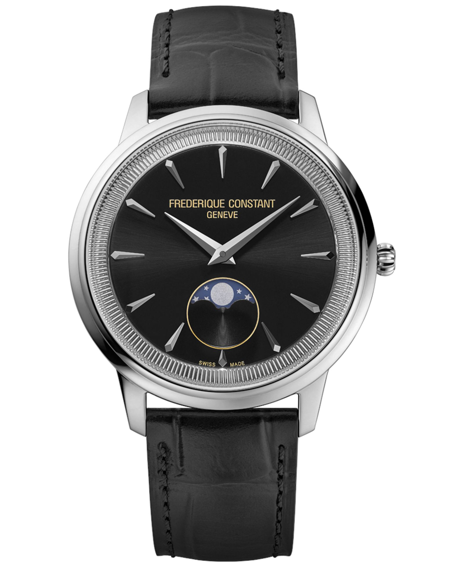 Frederique Constant Men's Swiss Moneta Moonphase Black Leather Strap Watch 37mm