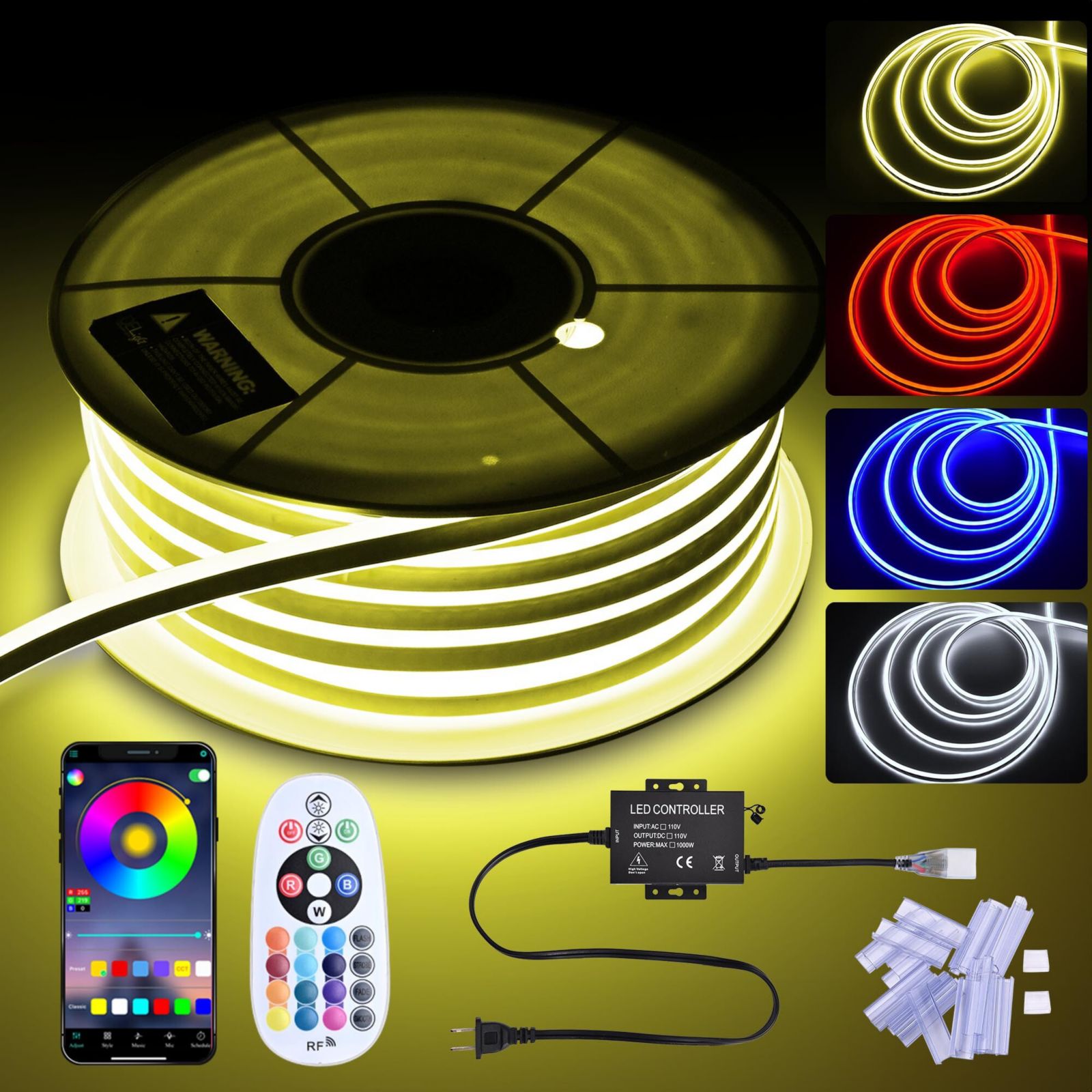 DELight 150FT Remote Control & APP AC 110V IP65 Waterproof Music Sync Dimmable Cuttable DIY DEL-D150R RGB Neon Rope Lights