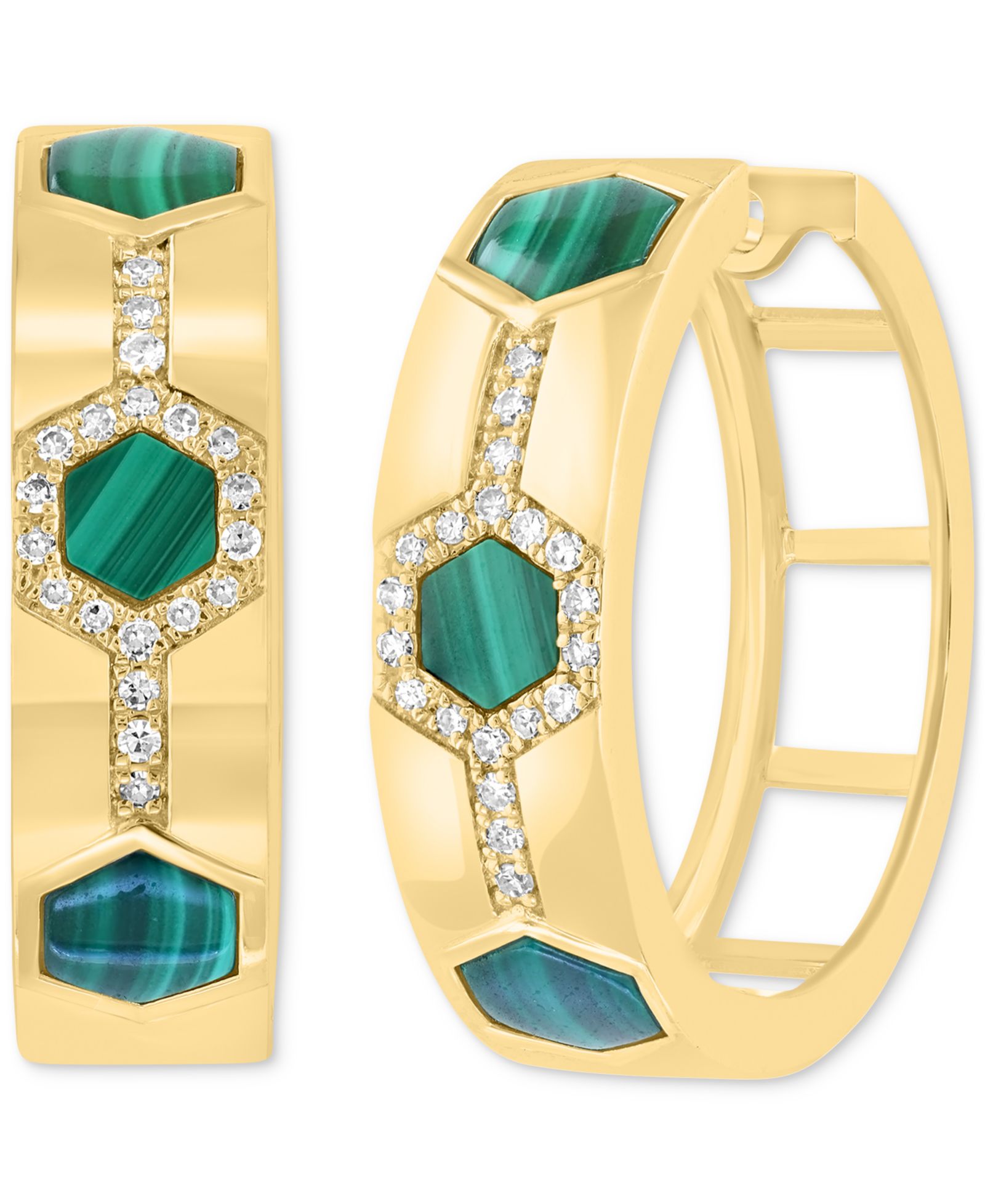 Серьги-кольца EFFY® Malachite & Diamond в позолоченном стерлинговом серебре 0.86"