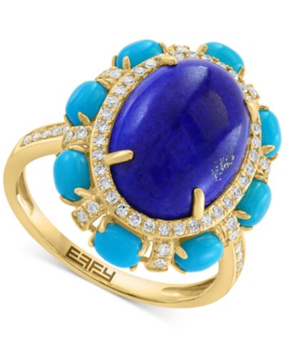 Кольцо EFFY® Lapis Lazuli, Sleeping Beauty Turquoise & Diamond (7/8 ct. t.w.) Halo в 14k Gold