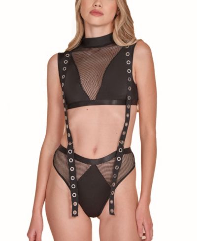 Hauty Women's 2-Piece Mock and Panty Lingerie Set Attached with Twill Straps and Working Silver Buckles