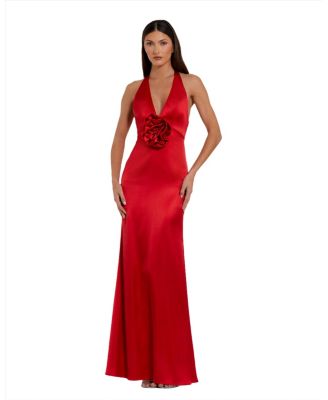 Mac Duggal женское платье-макси из сатина без рукавов с халтером и 3D-цветком