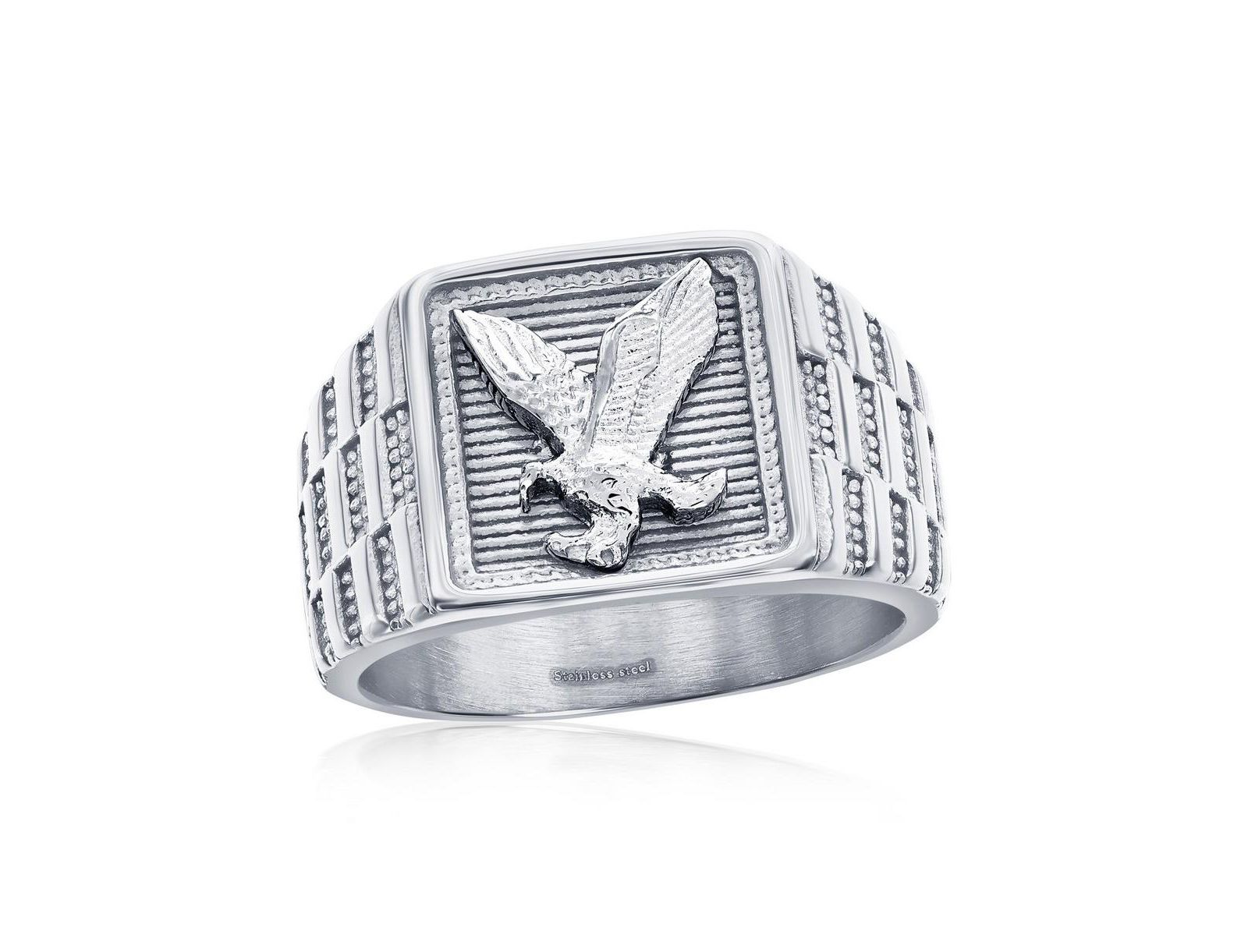 Stainless Steel, Square Textured, Eagle Design Ring