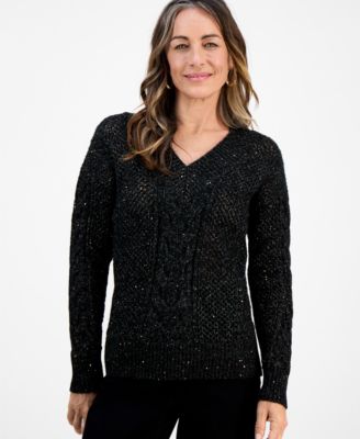 Style & Co Petite Sequin Cable-Knit Sweater, Macy's Exclusive