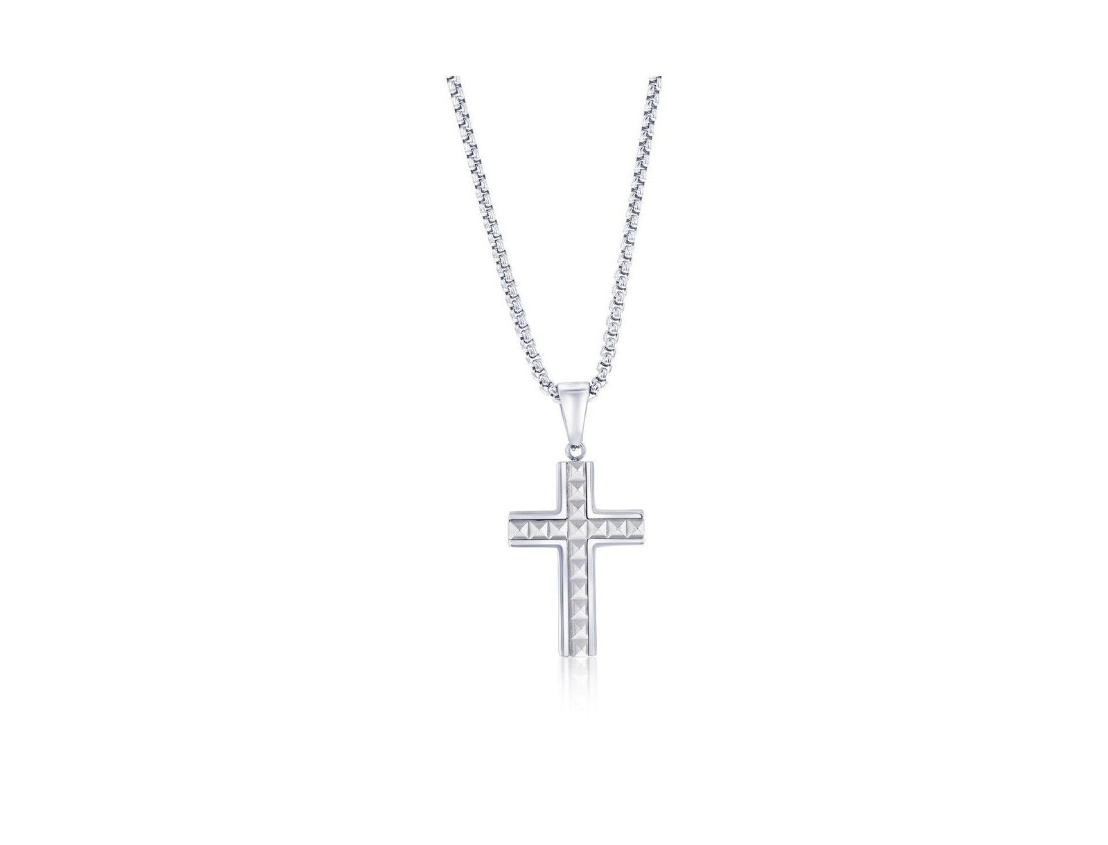 Stainless Steel, Textured Pyramid Style Cross Necklace