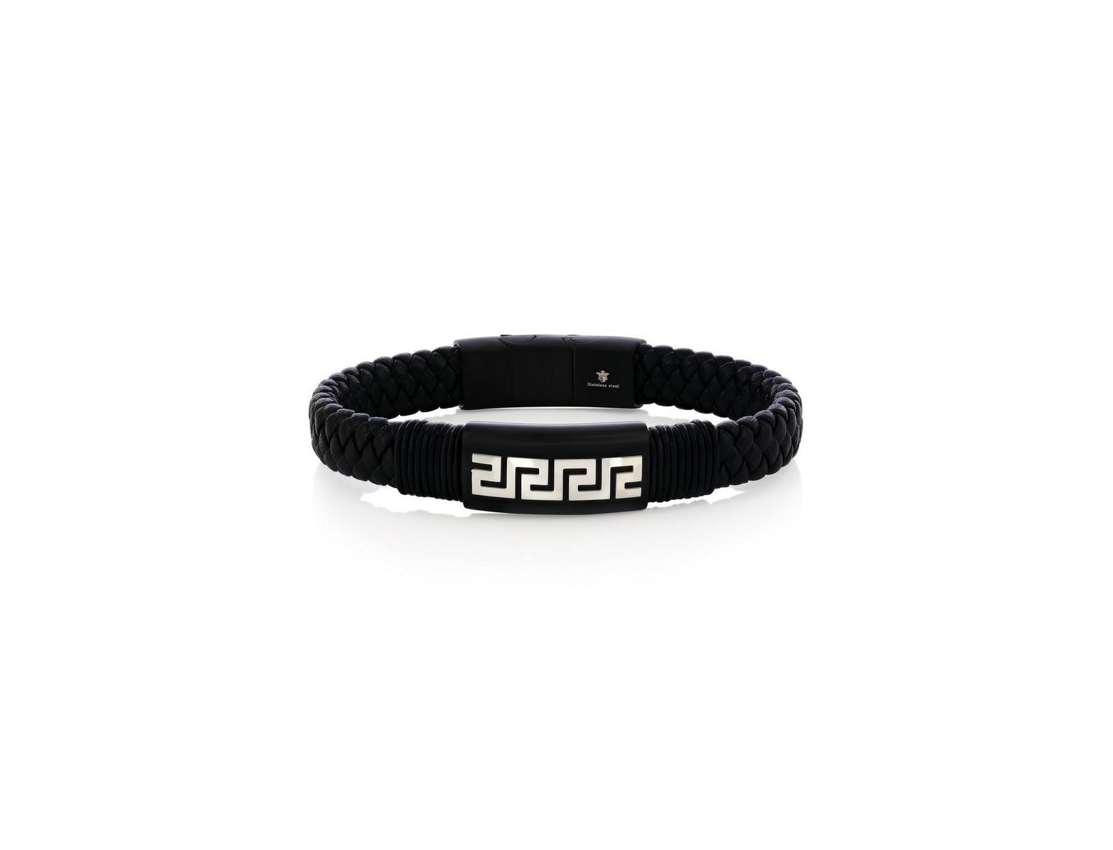Stainless Steel, Braided Leather Greek Key Bracelet