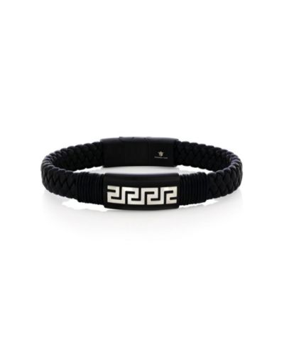 Stainless Steel, Braided Leather Greek Key Bracelet