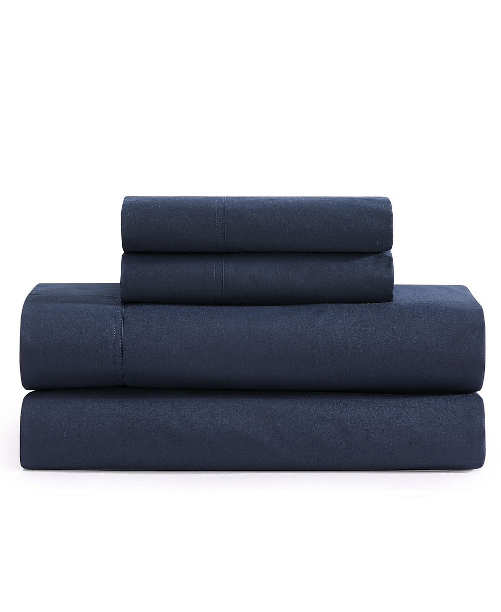 Tommy Hilfiger Solid 200-Thread Count Cotton Percale 4-Piece Sheet Set, Queen