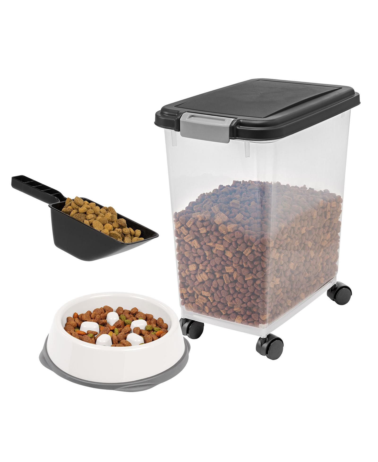 IRIS USA 30Lbs Airtight Dog Food Storage Container with 2-Cup Scoop and Slow Feeder Bowl Combo, Black