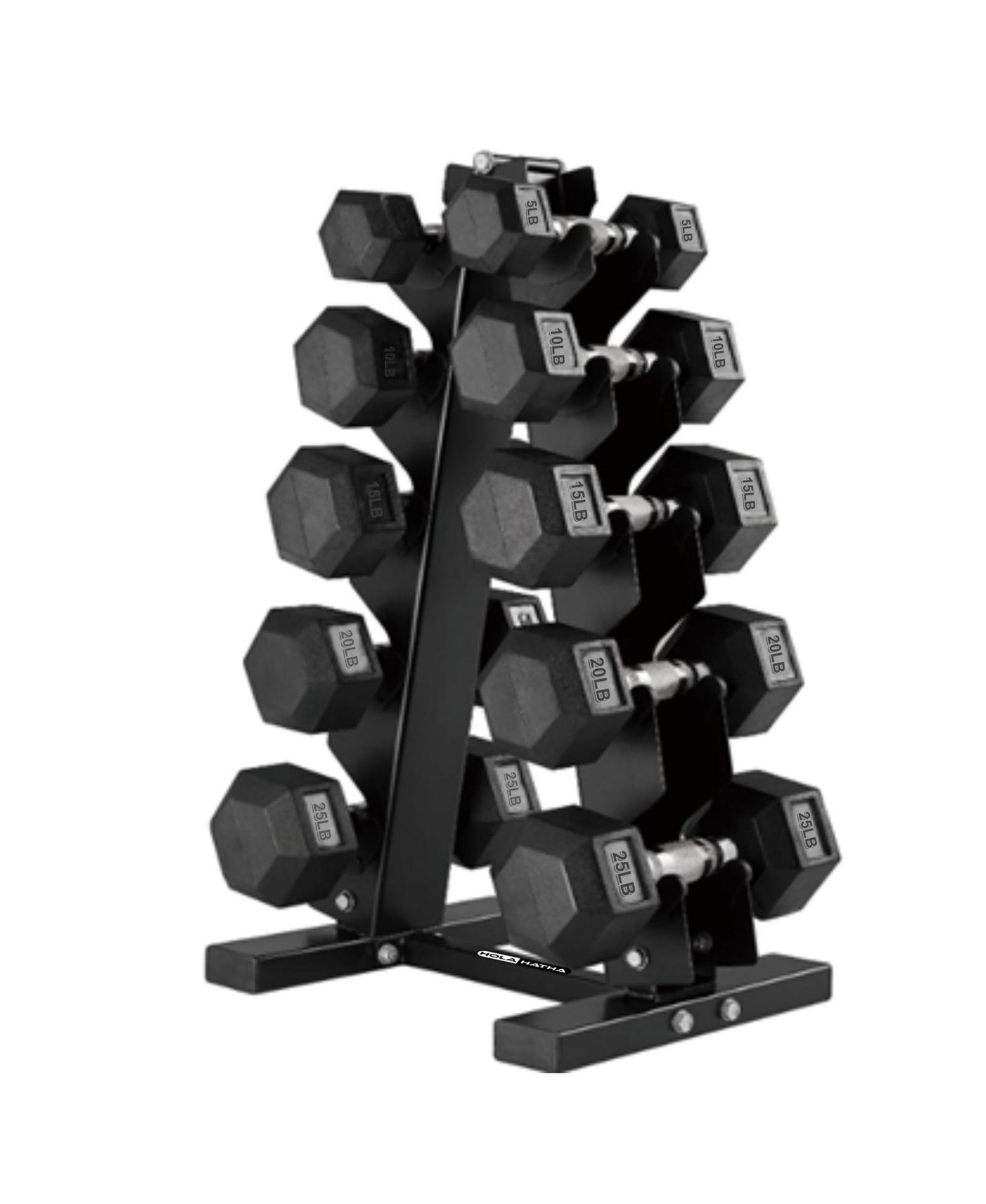 HolaHatha 5, 10, 15, 20 and 25 Pound Hexagonal Dumbbell Weight Set w/Rack, Black