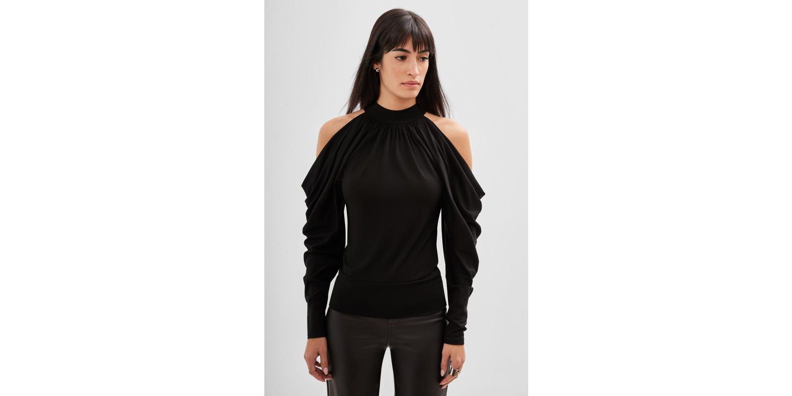 Marcella Women's Perry Halter-Neck Cold-Shoulder Draped Long-Sleeve Jersey Top