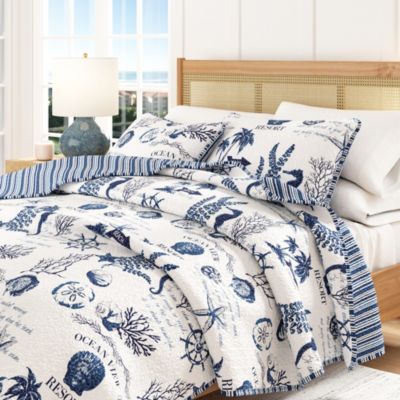 Linery & Co. Navy Nautical Pattern Microfiber Quilt Set With Shams