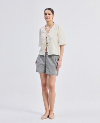 Reistor Women's Relaxed Fit Top With Ruffles and Front-Ties in Cream