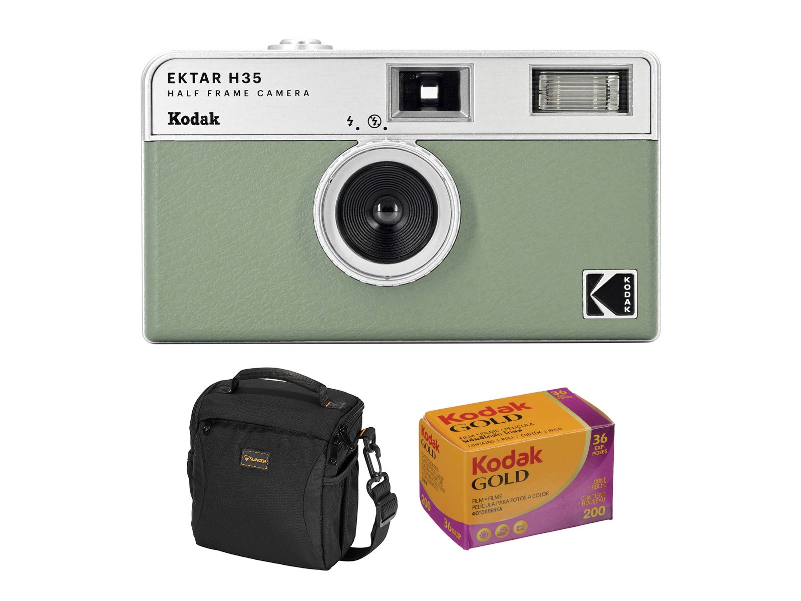 Kodak EKTAR H35 Полукадровая пленочная камера, Sage, комплект с пленкой Kodacolor Gold 200 и сумкой Slinger Alpine
