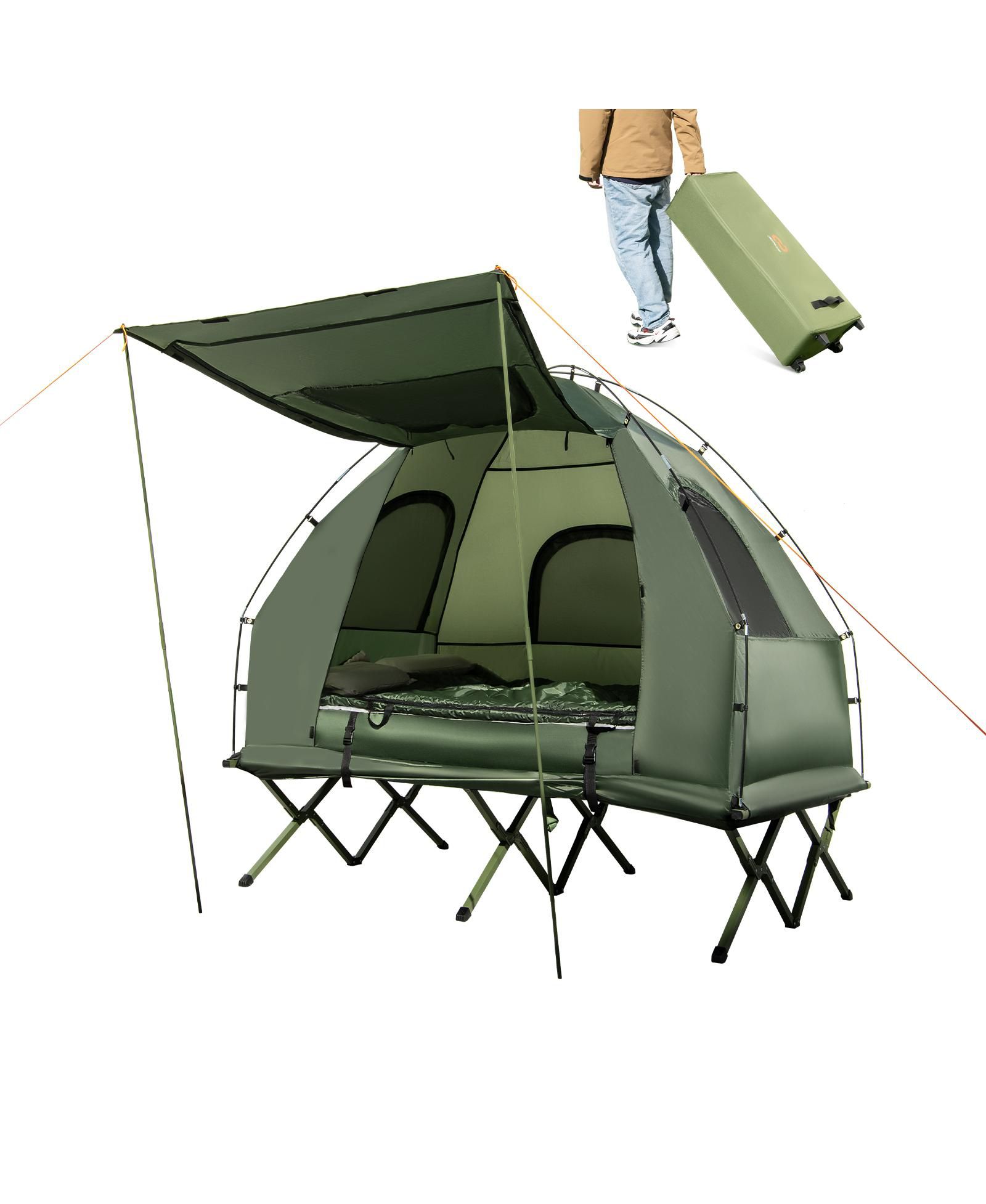 Camping Tent Cot, 5-in-1 Folding Camping Bed with Air Mattress, Pillow, Sleeping Bag, Waterproof Elevated Tent Shelter, Portable Outdoor Sleeping Cot with Carry Bag for Picnic, Trip (1-Person)