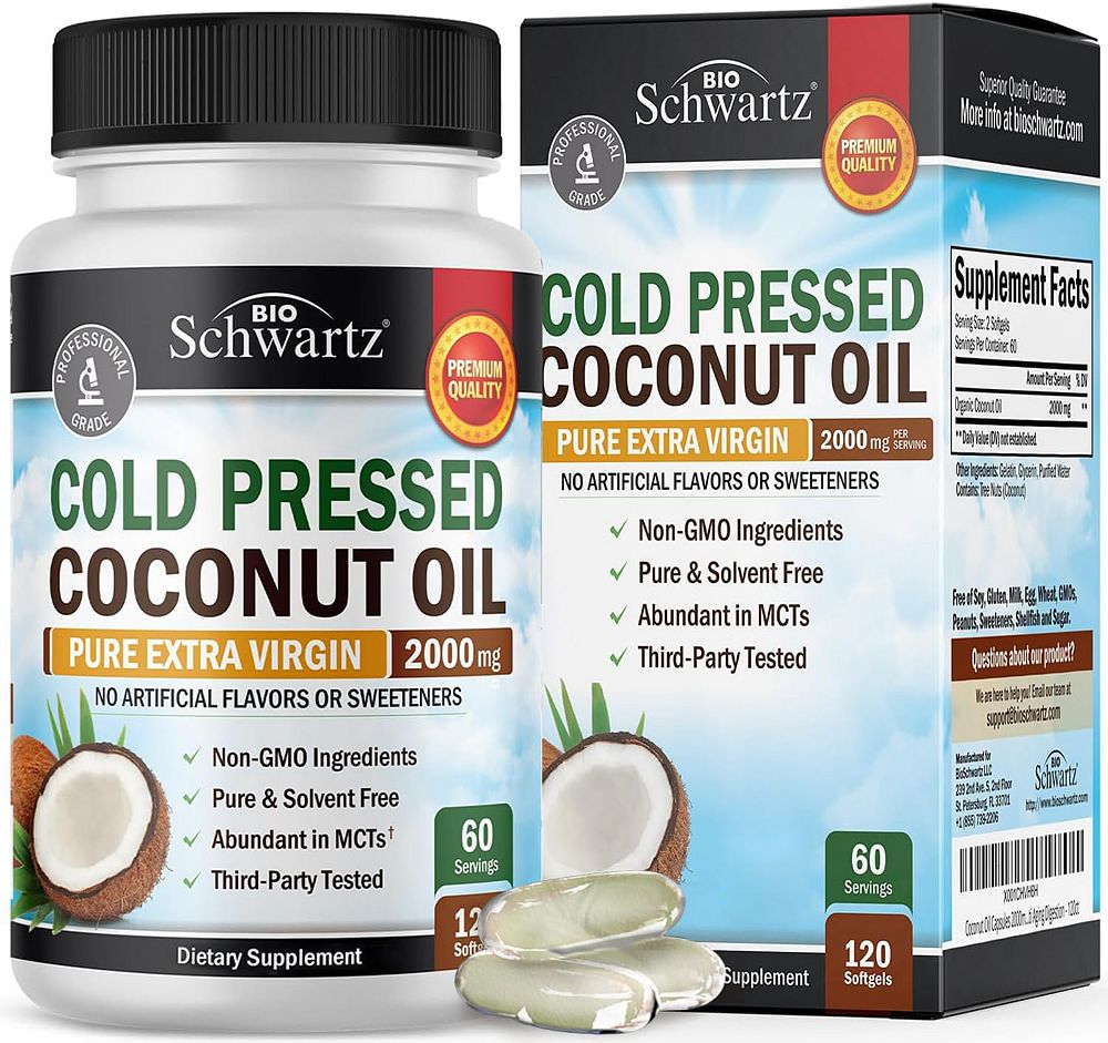 Капсулы с кокосовым маслом BioSchwartz Coconut Oil Capsules 2000mg, Organic Pure Extra Virgin Unrefined Cold Pressed MCT Rich | 120 Capsules