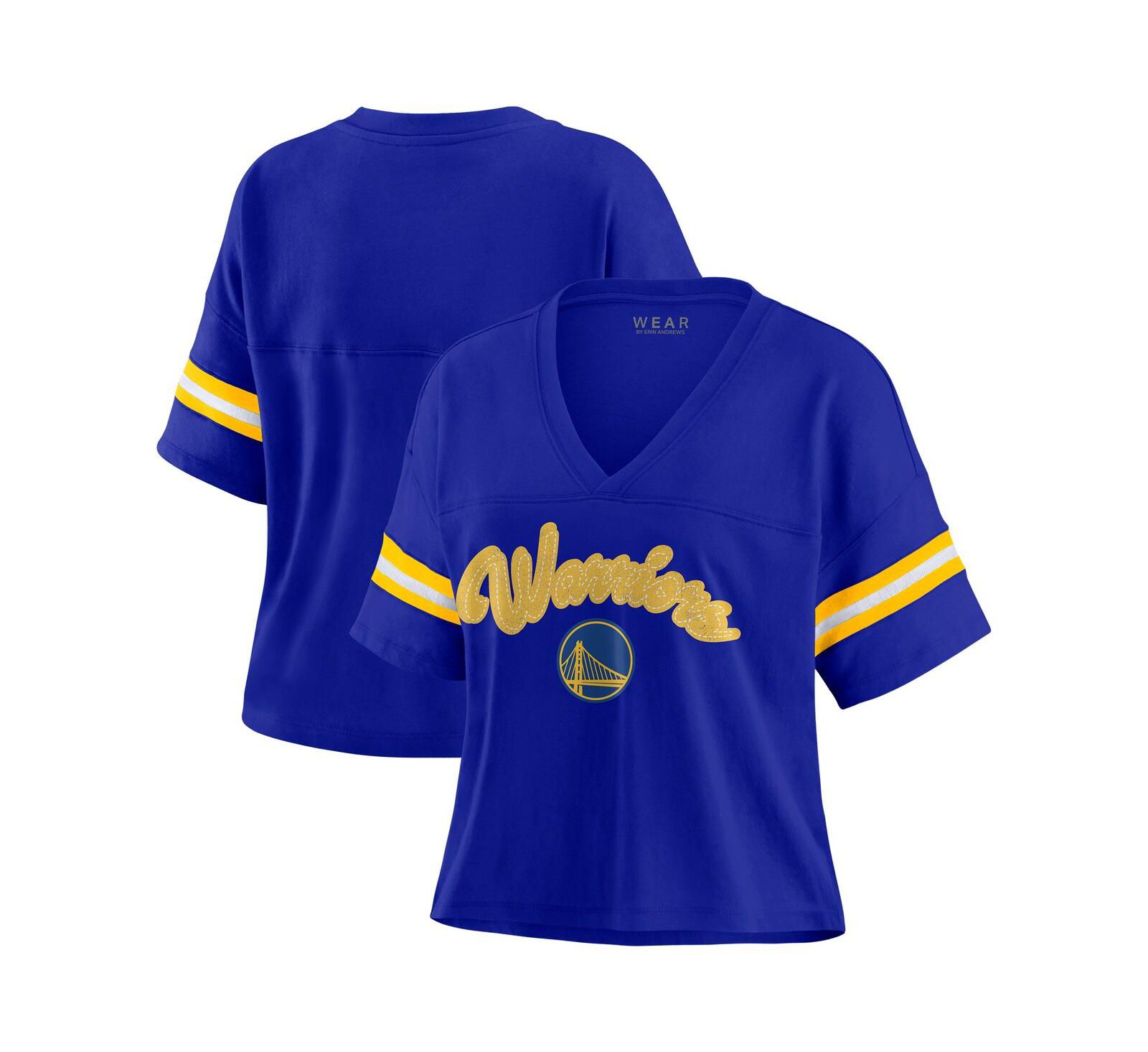 WEAR by Erin Andrews Women's Royal Golden State Warriors Plus Size Color Block Boxy V-Neck T-Shirt