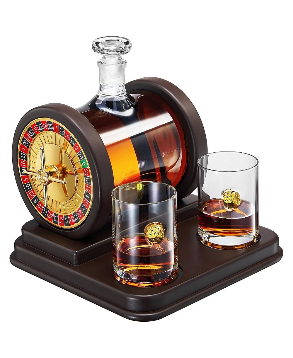 The Wine Savant Casino Roulette Whiskey Decanter with Dice Whiskey Glasses, Set of 3