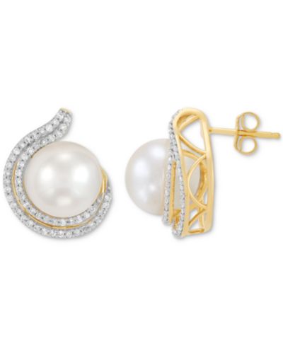 Серьги-гвоздики Honora Cultured Freshwater Pearl 9-9.5mm & Diamond 1/3 ct. t.w. 14k Yellow Gold