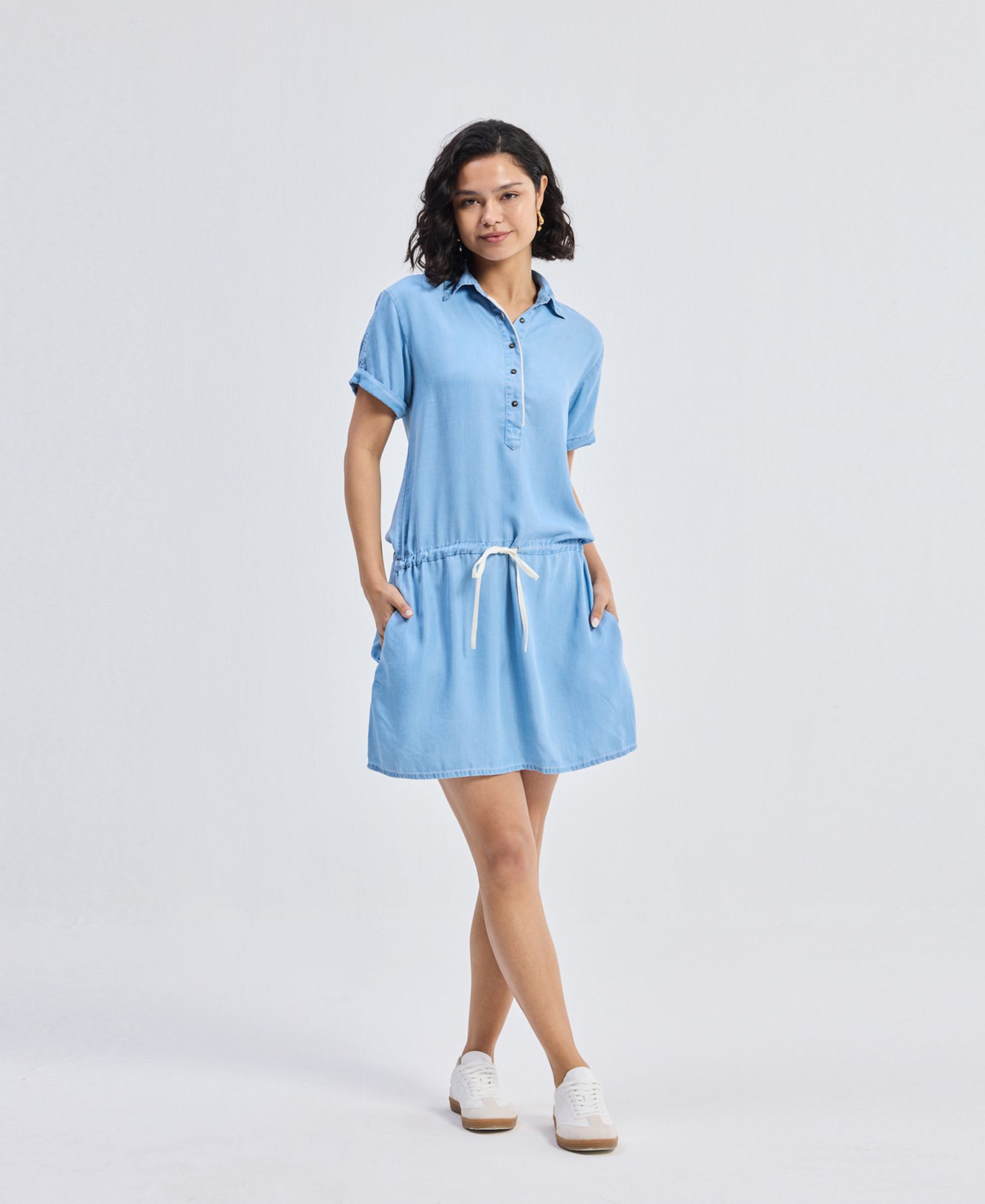 Reistor Women's Drawstring Denim Shirt Dress with Front Buttons in Blue