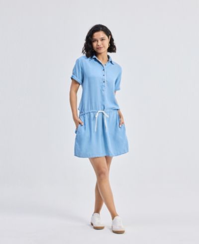 Reistor Women's Drawstring Denim Shirt Dress with Front Buttons in Blue