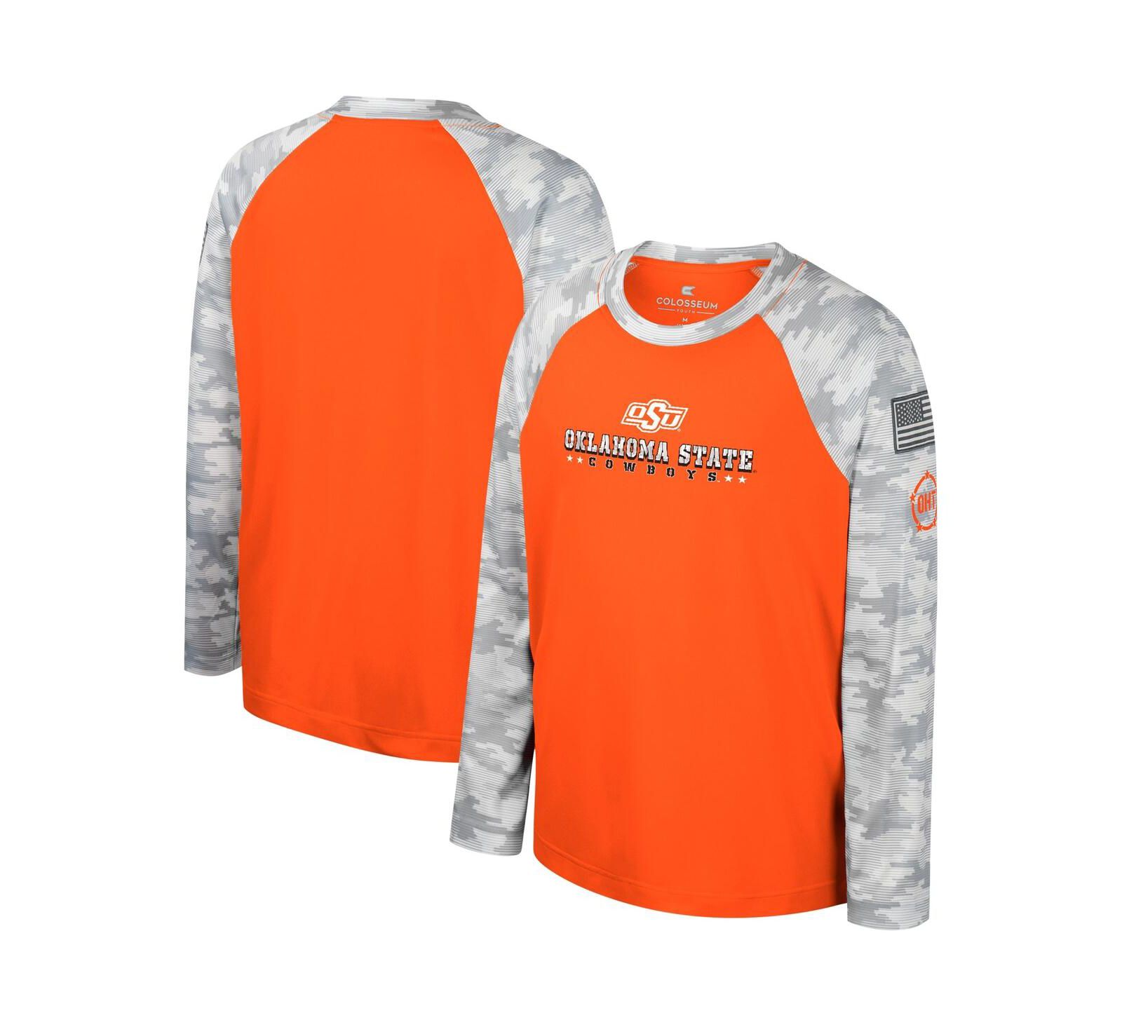 Colosseum Футболка с длинным рукавом Raglan для мальчиков и девочек, Oklahoma State Cowboys OHT Military Appreciation, оранжевый/камуфляж