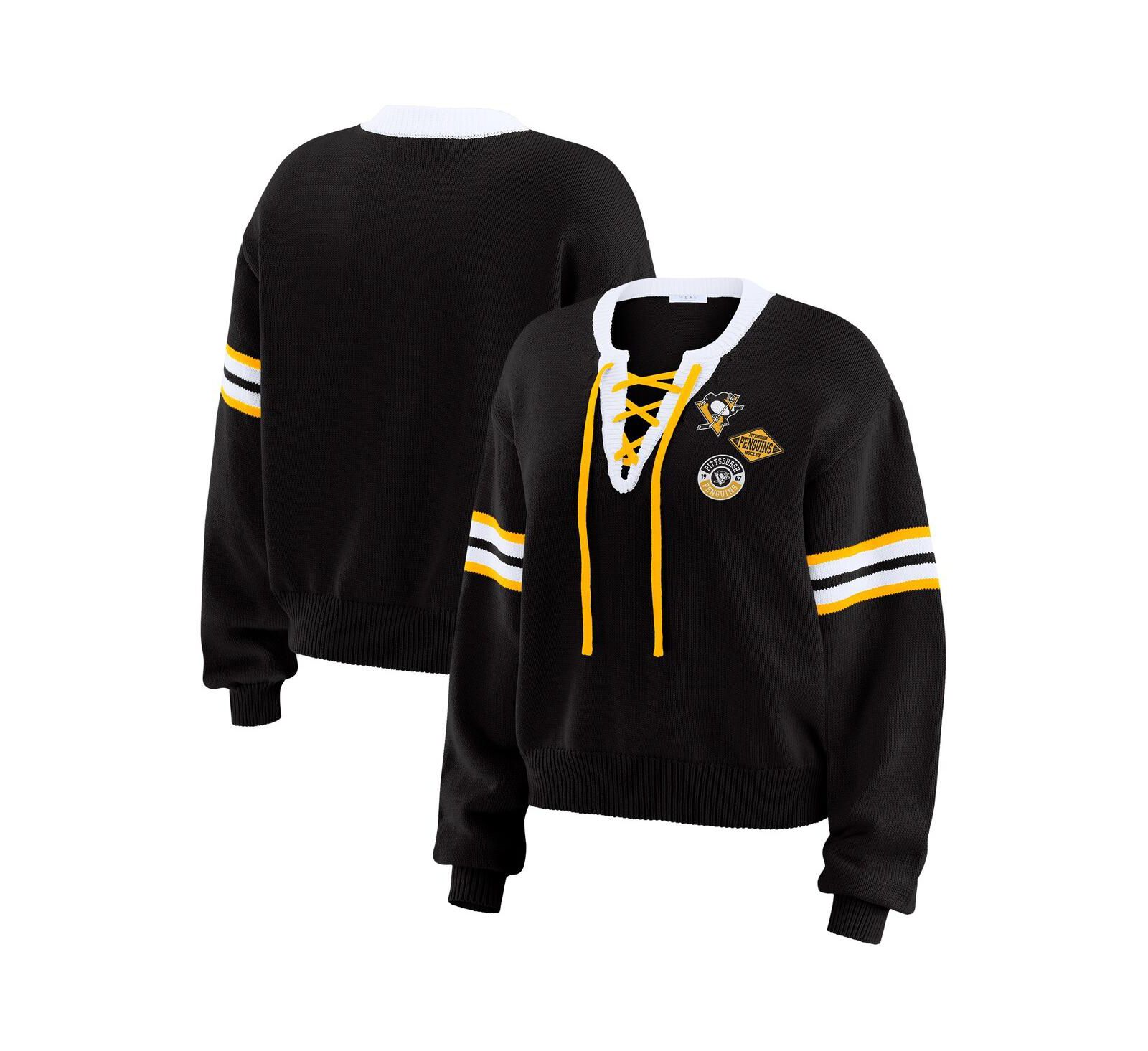 WEAR by Erin Andrews Women's Black Pittsburgh Penguins Cropped Lace-Up Sweater