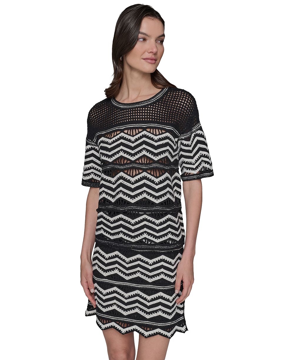 KARL LAGERFELD PARIS Women's Short-Sleeve Chevron Knit Sweater