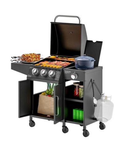 Outsunny 3 Burner Gas Grill with Side Burner and Shelves, Propane BBQ Grill