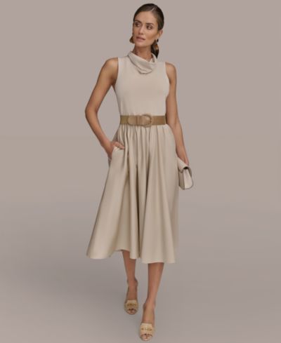 Donna Karan New York Women's Mixed-Media Belted Midi Dress
