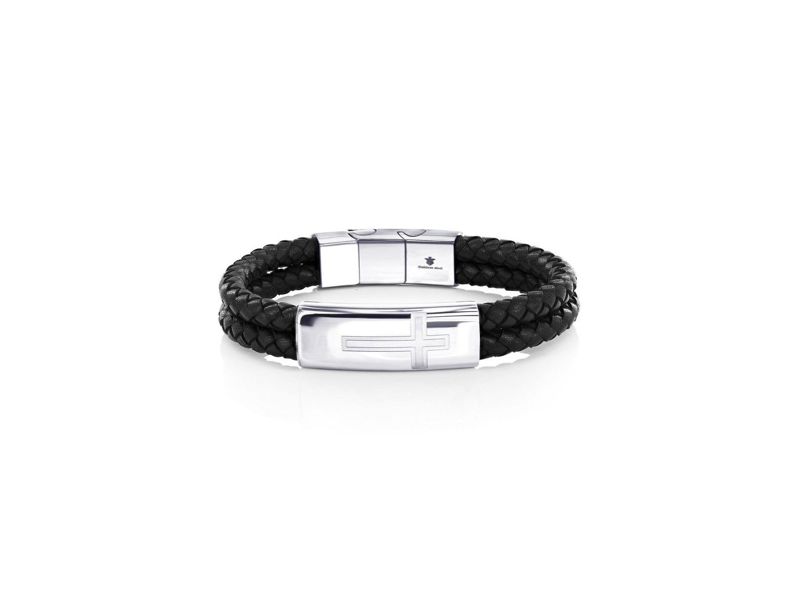Stainless Steel, Double Leather Strand, Cross Design Bracelet