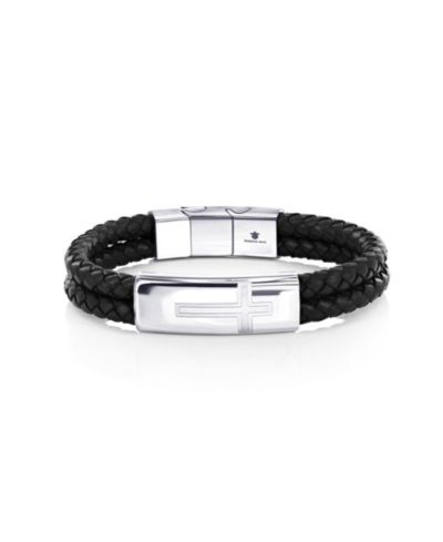 Stainless Steel, Double Leather Strand, Cross Design Bracelet