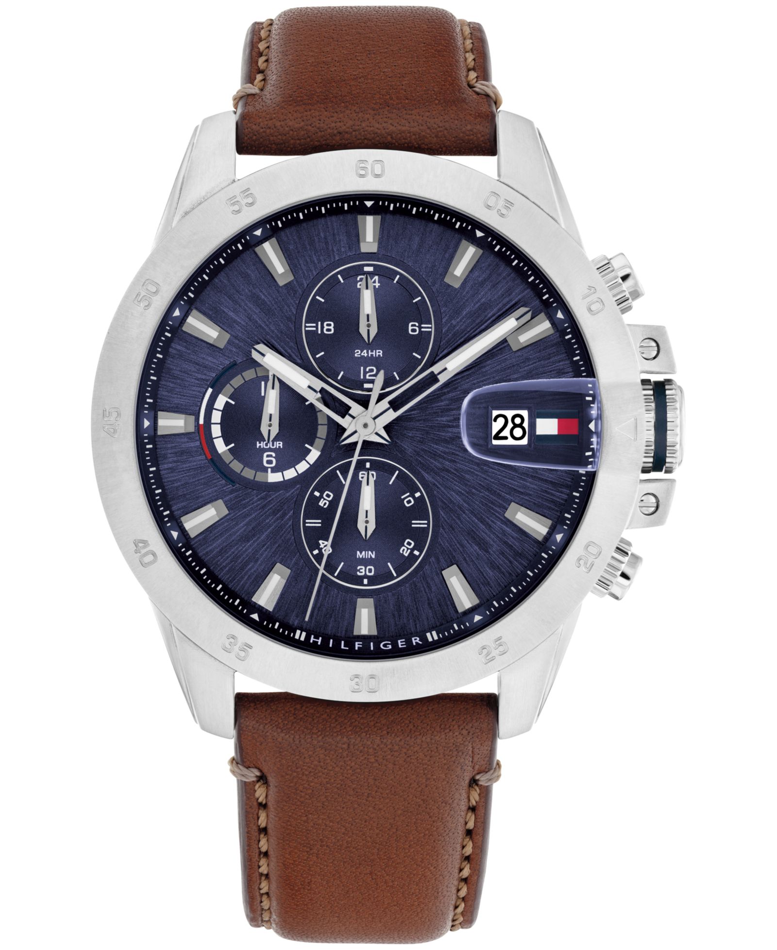 Tommy Hilfiger Мужские Multifunction Brown Leather Strap Watch, 43mm