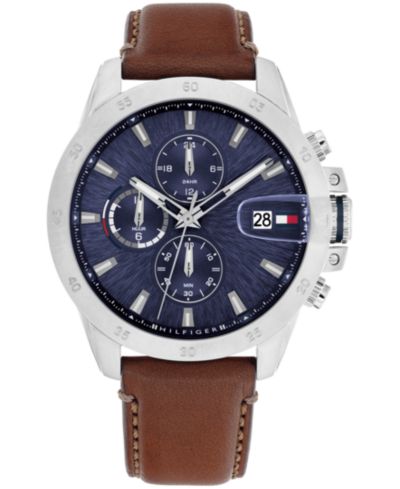 Tommy Hilfiger Мужские Multifunction Brown Leather Strap Watch, 43mm
