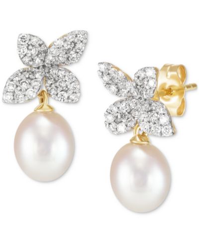Серьги Grown With Love Cultured Freshwater Oval Pearl (6 - 6-1/2mm) & Lab Grown Diamond (1/2 ct. t.w.) Floral Drop в 14k Gold