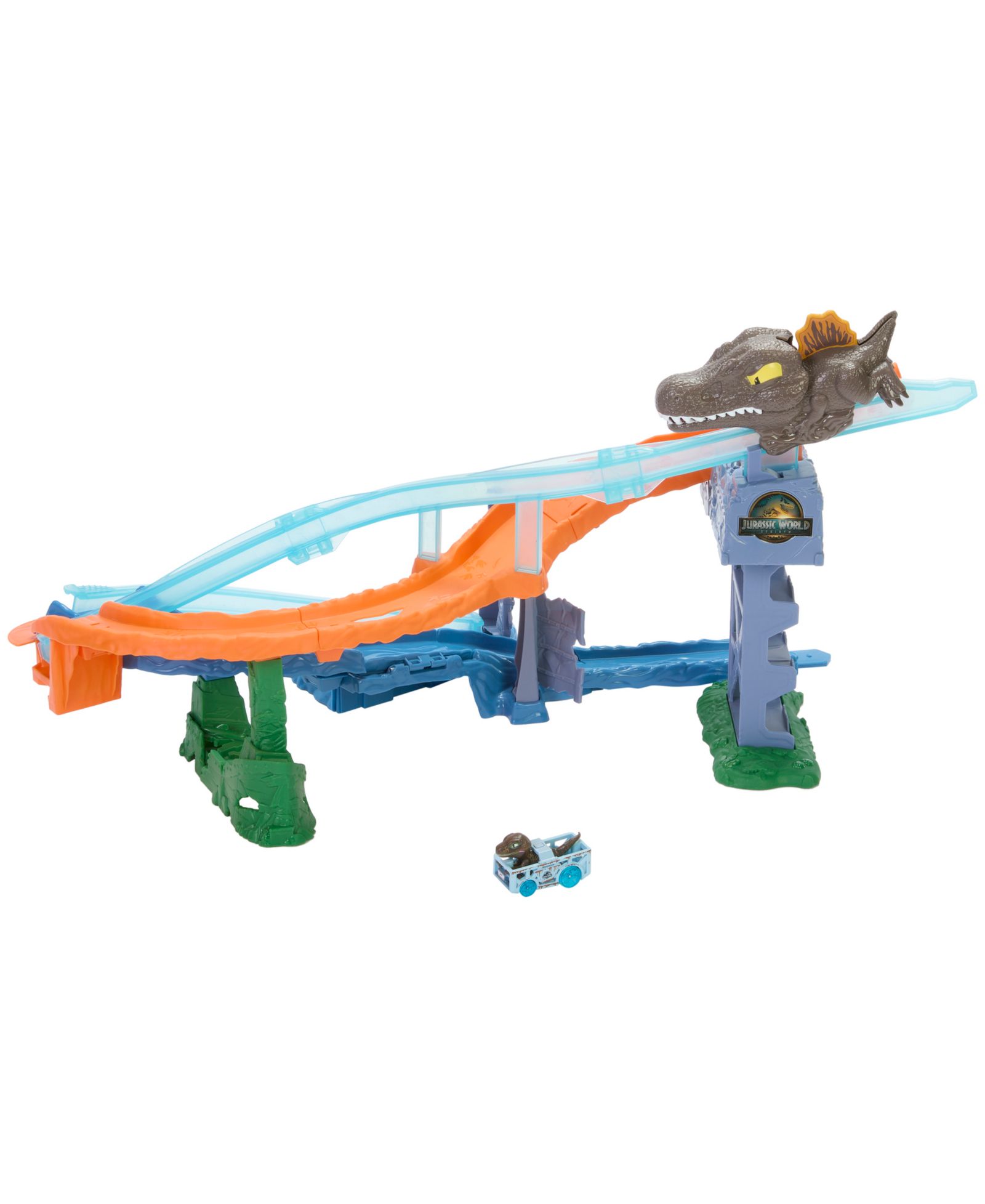 Набор треков Hot Wheels RacerVerse Jurassic World Crash & Splash и игрушечная машинка с динозавром