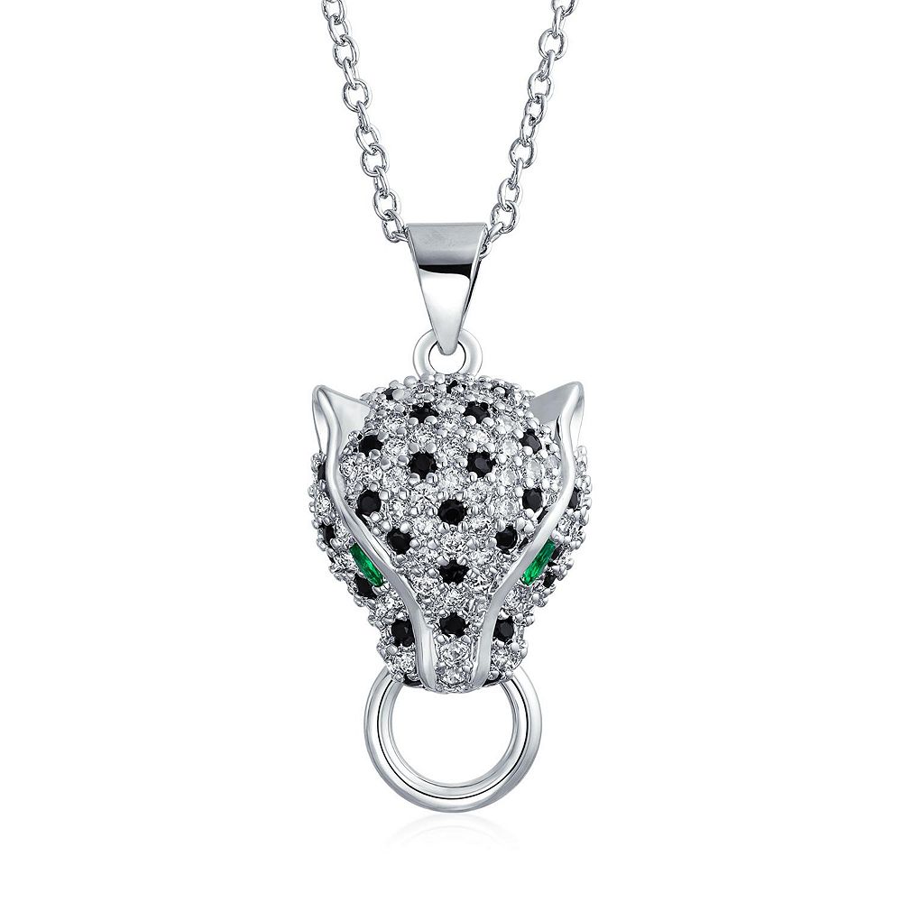 Bling Jewelry Black White Green Art Deco Panther CZ Pendant Necklace Silver-Plated Brass