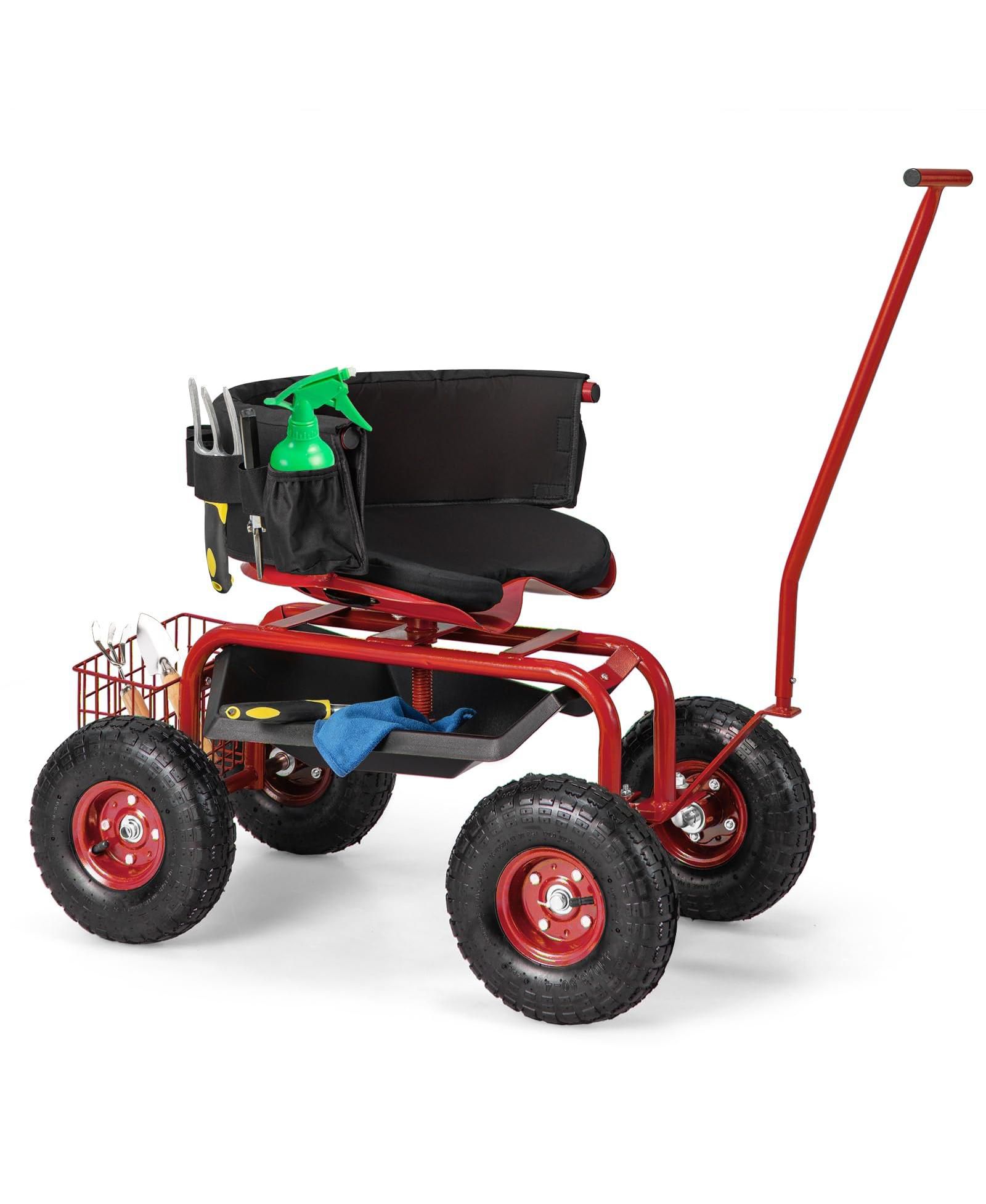 Ecooso  16.5"-20.5" Rolling Garden Cart with Height Adjustable Swivel Seat and Storage Basket