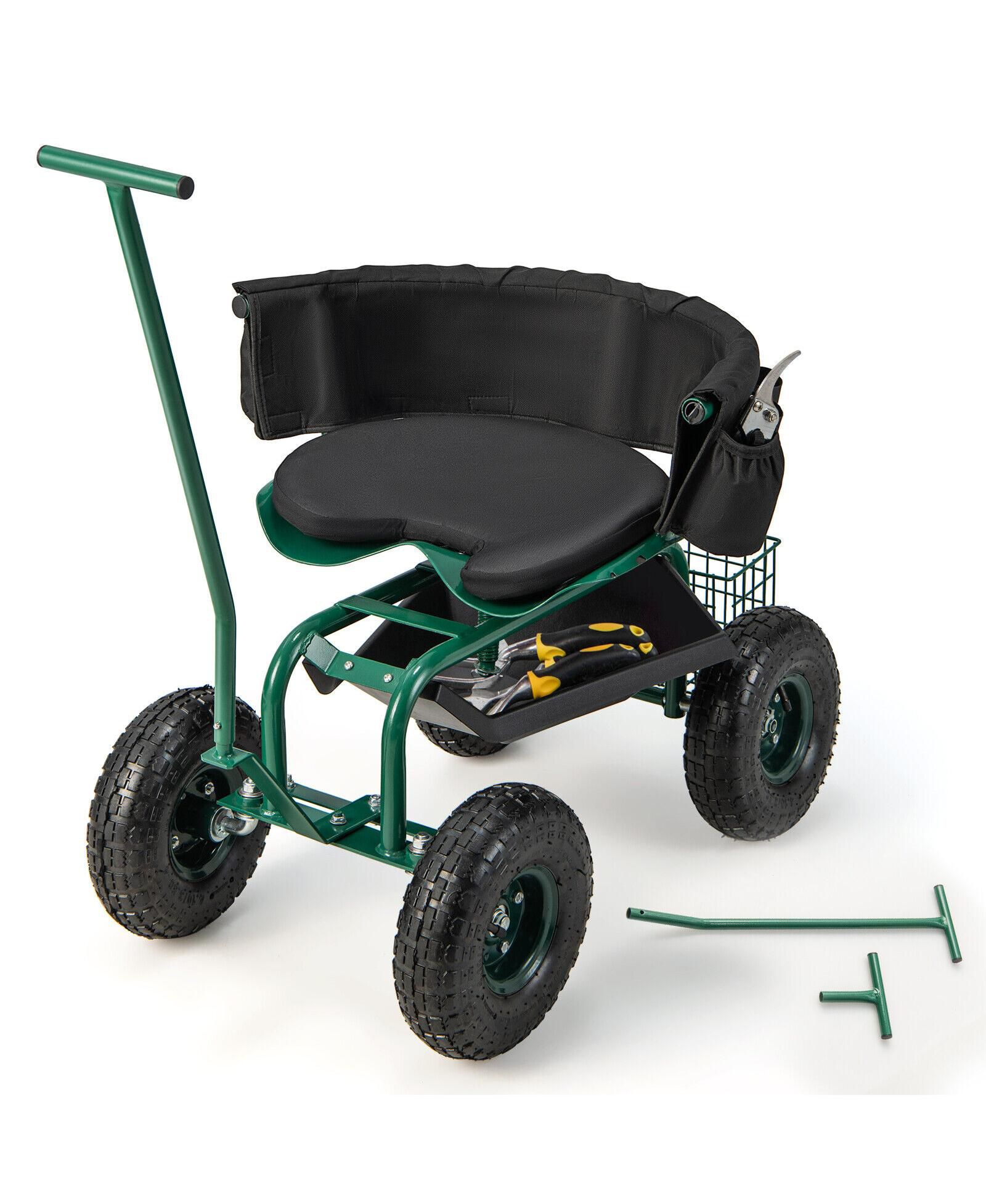 Ecooso 16.5" to 20.5" Rolling Garden Cart with Height Adjustable Swivel Seat and Storage Basket