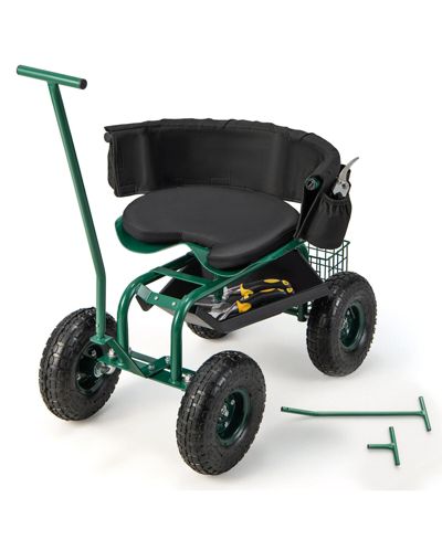 Ecooso 16.5" to 20.5" Rolling Garden Cart with Height Adjustable Swivel Seat and Storage Basket