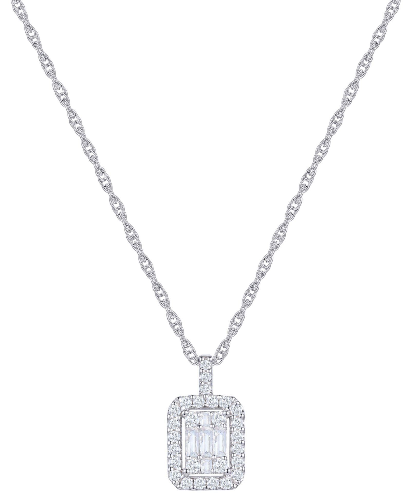 Подвеска-кулон с изумрудом Diamond Emerald Shaped Halo Cluster, 18", 14k White Gold