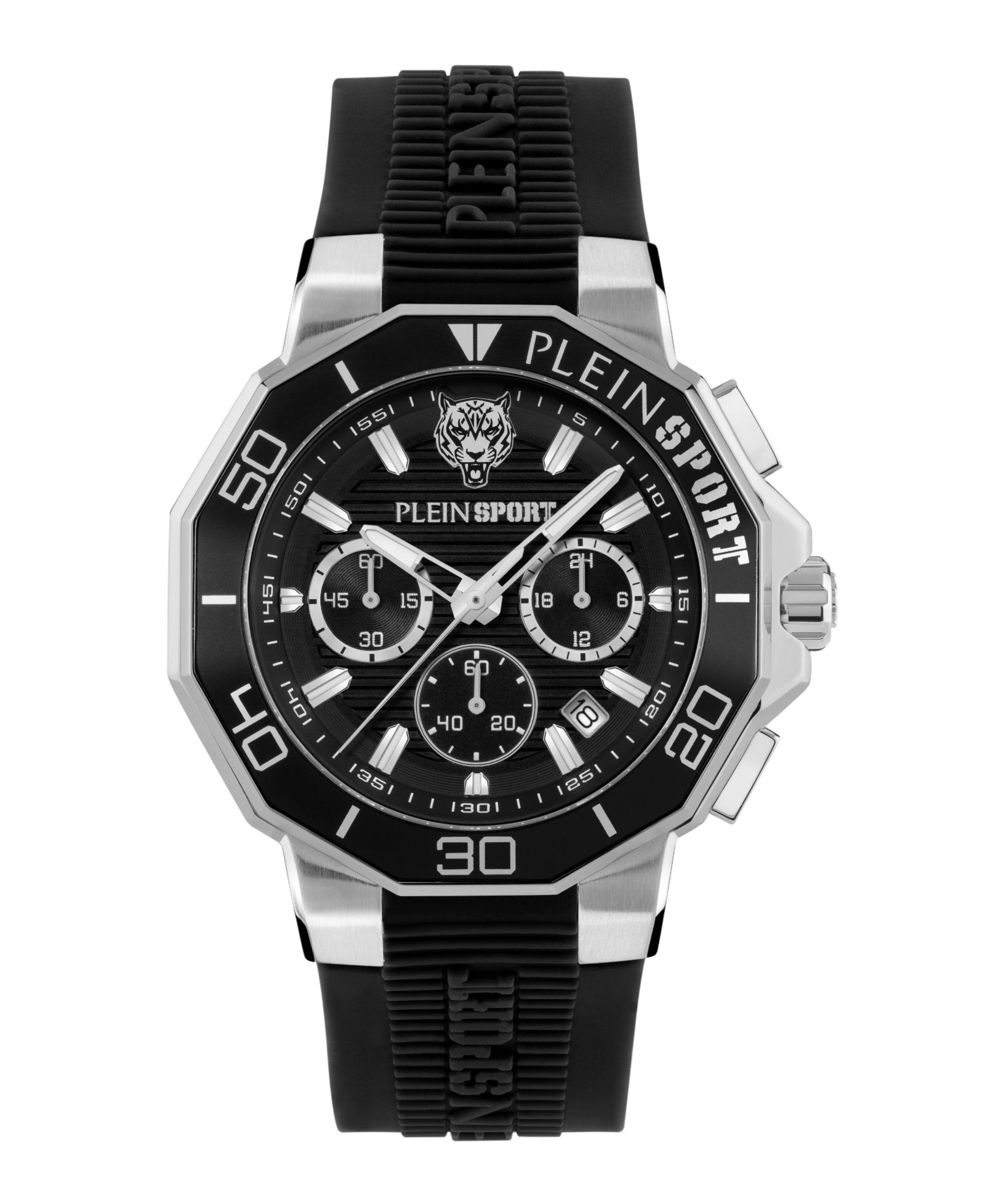 Plein Sport Men's Titan Chronograph Date Quartz Black Silicone Strap Watch, 46mm