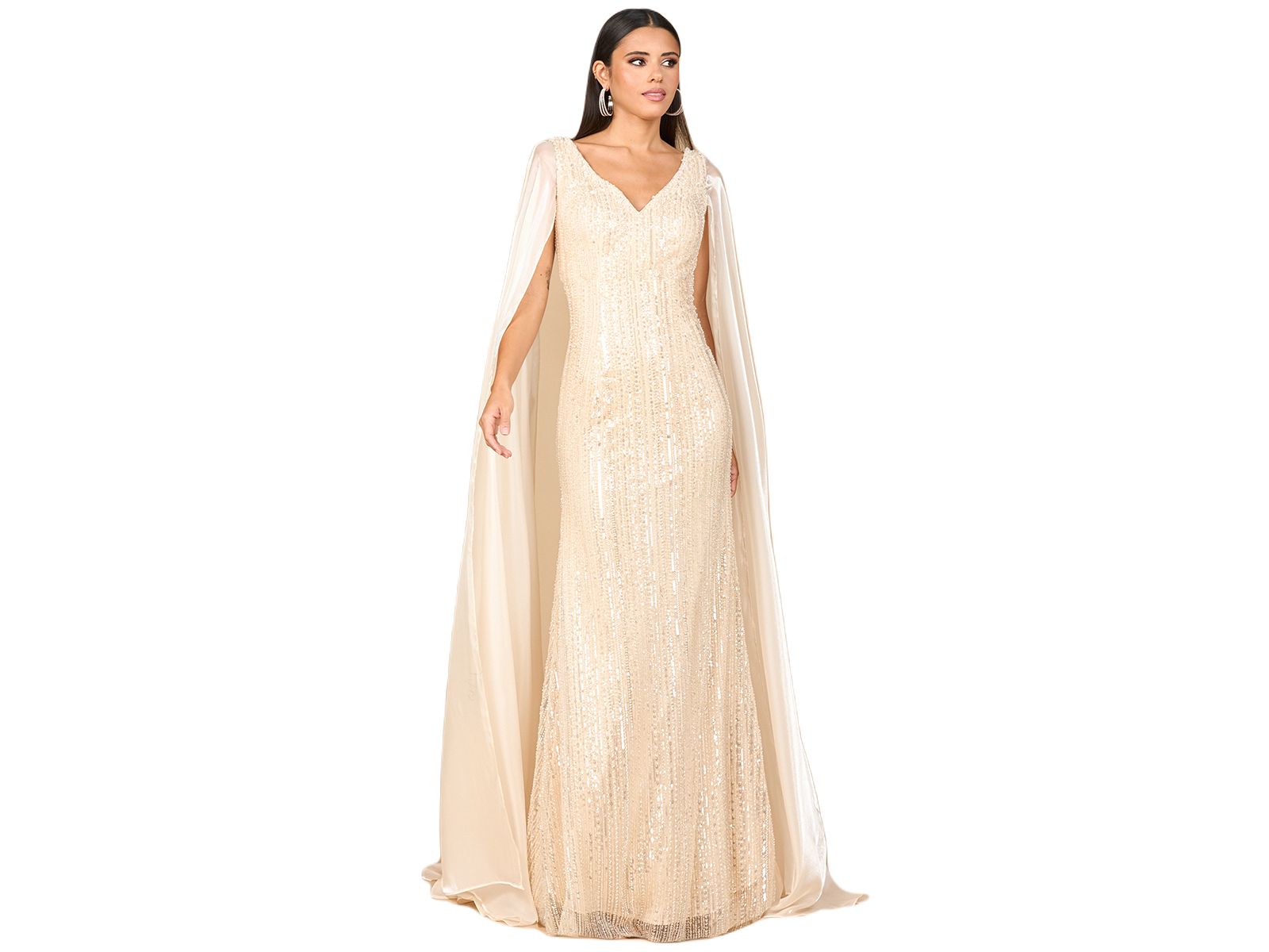 Lara Women's Beaded Gown with Satin Cape Sleeves