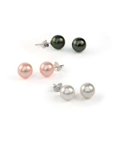 Bling Jewelry Набор из 3 пар сережек-гвоздиков с шариками из искусственного жемчуга черного, розового и белого цветов на штифте из стерлингового серебра