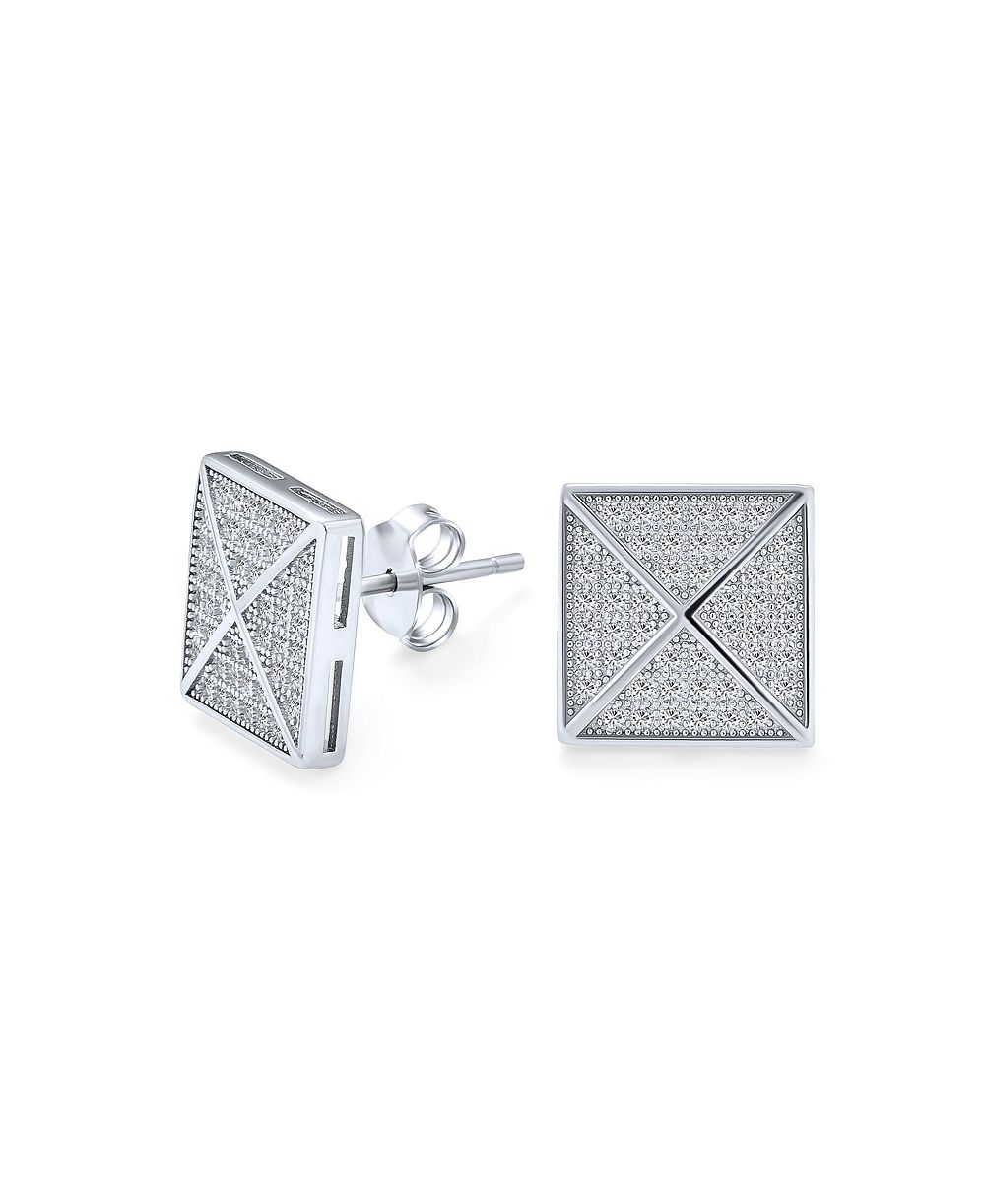 Серьги-гвоздики Bling Jewelry.925 Sterling Silver Micro Pave CZ Geometric Pyramid Square Rhodium Plated