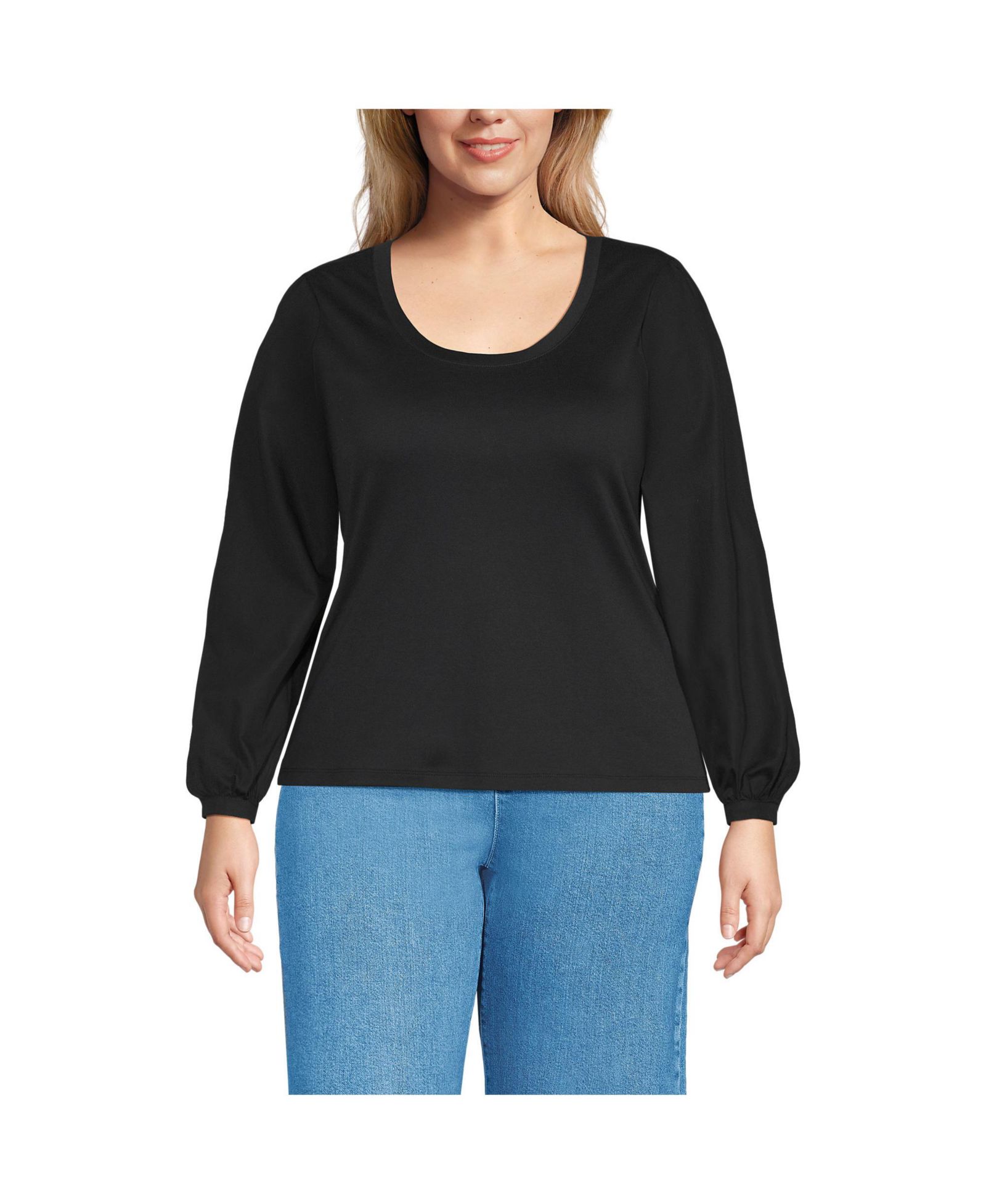 Lands' End Plus Size Supima Interlock Scoop Neck Blouson Sleeve Top