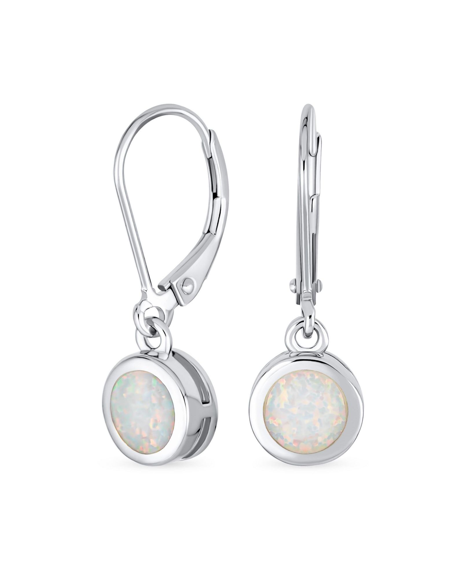 Серьги Bling Jewelry Bezel Round Circle Solitaire Created Opal Dangle Lever Back.925 Sterling
