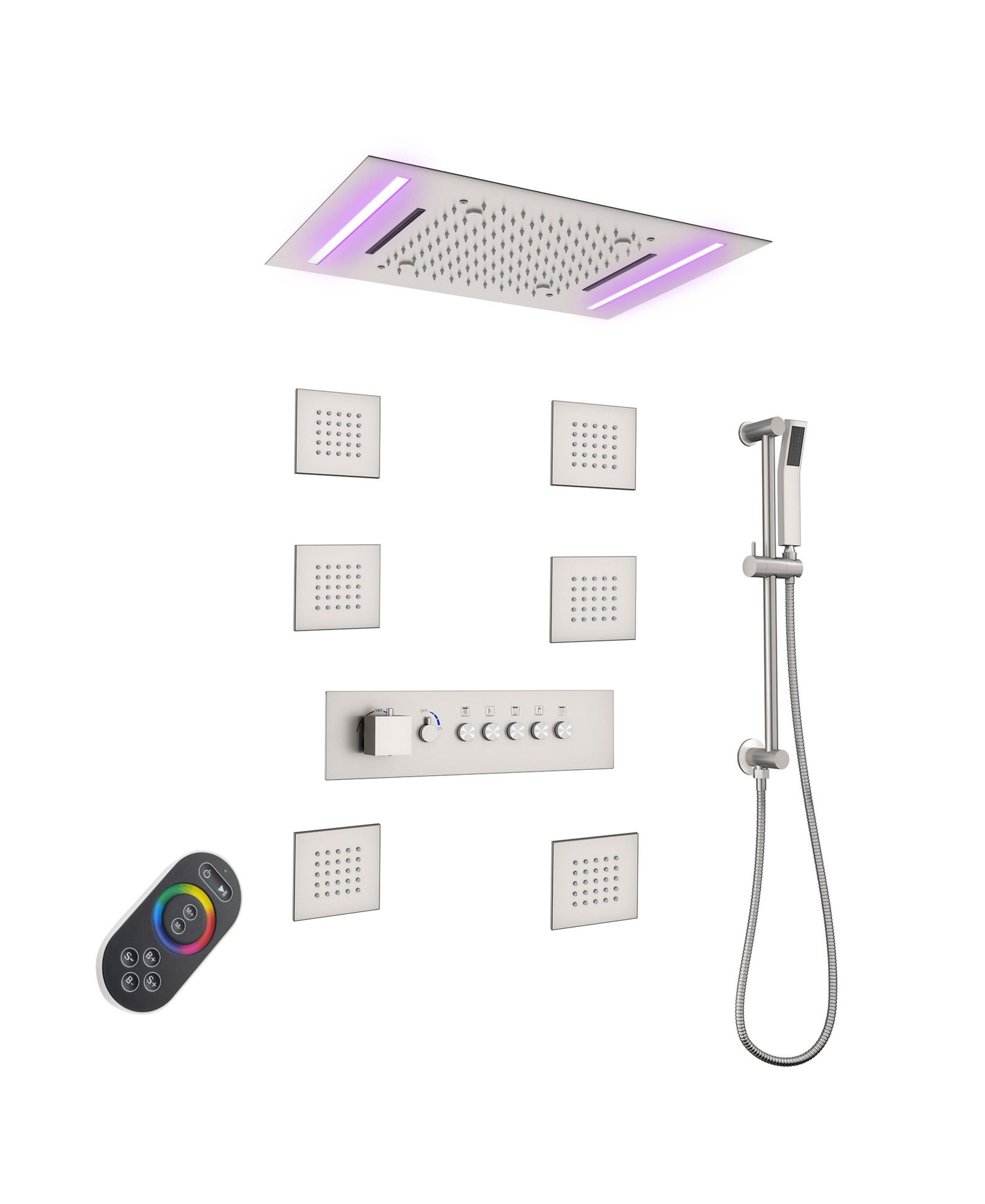 Mondawe Thermostatic Flush Ceiling Mounted Complete Shower System with LED Lights, Body Jets and Slide Bar
