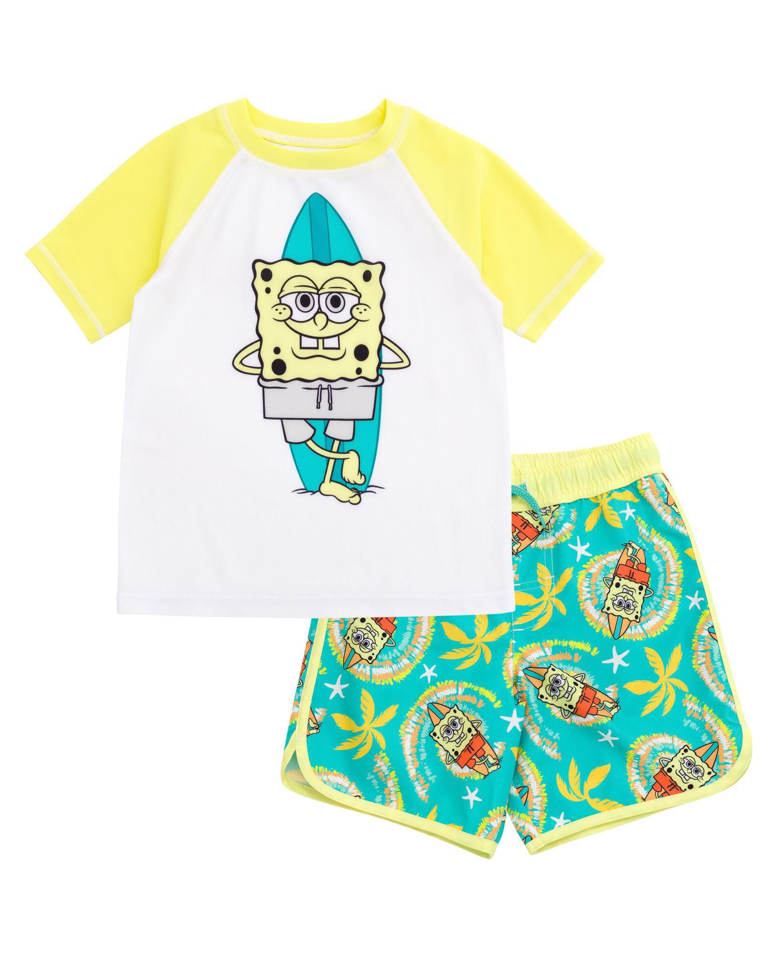 SpongeBob SquarePants Boys Surfboard UPF 50+ Rash Guard and Swim Trunks Outfit Set