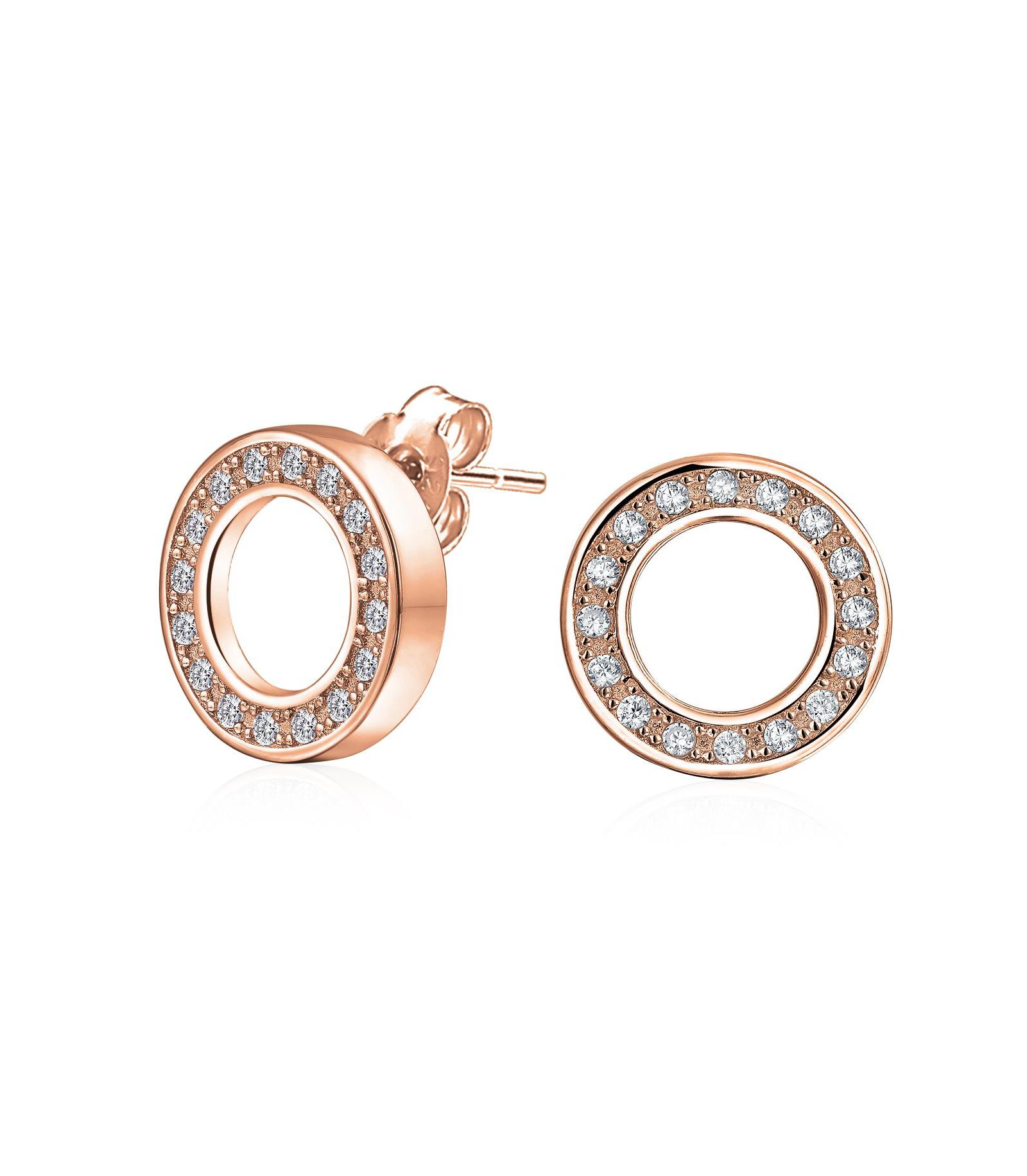 Bling Jewelry Geometric Pave CZ Round Open Circle Stud Earrings Rose Gold Plated Silver